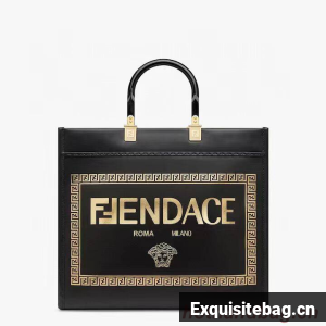 Fendi Sunshine Medium Fendace Printed black leather Logo shopper 8BH386A