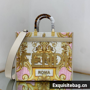 Fendi Tote Fabric Graffiti Print Shopping Bag 23651 White&Pink&Gold