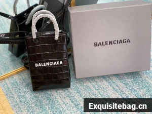 Balenciaga Original shiny crocodile embossed leather Mini Shopper Bag B152865 black