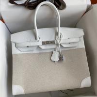 Hermes Birkin 35 Handmade Bag In ToileWhite Clemence Leather