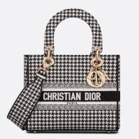 Dior Lady D Lite Medium Bag In BlackWhite Houndstooth Embroidery