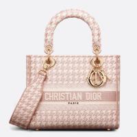 Dior Lady D Lite Medium Bag In PinkWhite Houndstooth Embroidery
