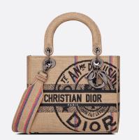 Dior Lady D Lite Medium Bag In Beige Jute Canvas with Dior Union Motif