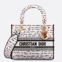 Dior Lady D Lite Medium Bag in White and Red Je Vous Adore Motif