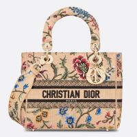 Dior Lady D Lite Medium Bag In Beige Raffia Embroidered with Dior Petites Fleurs