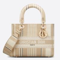 Dior Lady D Lite Medium Bag In Beige Stripes Embroidery