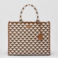 Prada Symbole Large Bag In BrownWhite Jacquard Fabric