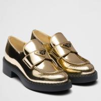 Prada Womens Loafers In Gold Metallic Leather