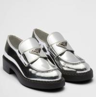 Prada Womens Loafers In Silver Metallic Leather
