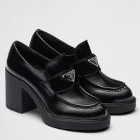 Prada Chocolate High heeled Loafers In Black Brushed Leather