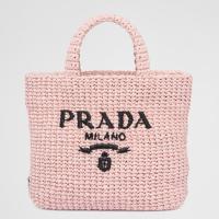 Prada Small Crochet Tote Bag in Pink Raffia effect Yarn