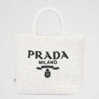 Prada Small Crochet Tote Bag in White Raffia effect Yarn