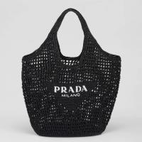 Prada Large Tote Bag In Black Woven Raffia
