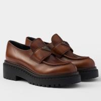 Prada Womens Double Chocolate Loafers in Cognac Leather