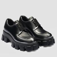 Prada Monolith Lace up Loafers in Black Brushed Leather