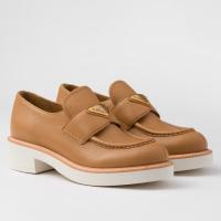 Prada Womens Loafers in Brown Grained Leather