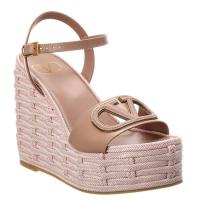 Valentino VLogo Cut out Espadrille Wedge Sandals in Beige Leather