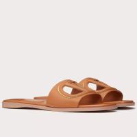 Valentino VLogo Cut out Slide Sandals in Brown Leather