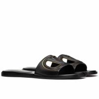 Valentino VLogo Cut out Slide Sandals in Black Leather