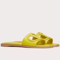 Valentino VLogo Cut out Slide Sandals in Yellow Leather