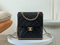 23K camellia decorated chain base square backpack caviar calfskin black
