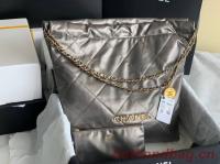 CHANEL 22 HANDBAG Shiny Calfskin & Gold Tone Metal AS3262 silver grey