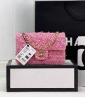 CHANEL CLASSIC 1112 HANDBAG Tweed & Gold Tone Metal A69900 Dark Pink