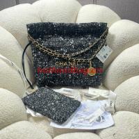 CHANEL SMALL 22 HANDBAG Tweed & Gold Tone Metal AS3260 BLACK
