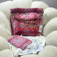 CHANEL SMALL 22 HANDBAG Tweed & Gold Tone Metal AS3260 PINK