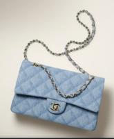 Chanel CLASSIC HANDBAG Printed Denim & Gold Tone Metal A01112 Light Blue