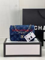Chanel CLASSIC HANDBAG Printed Denim & Gold Tone Metal A01116 Dark Blue