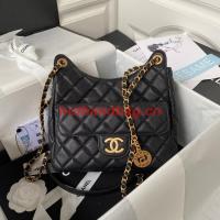 Chanel HOBO HANDBAG Grained Shiny Calfskin & Gold Tone Metal AS3690 BLACK