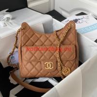 Chanel HOBO HANDBAG Grained Shiny Calfskin & Gold Tone Metal AS3690 BROWN