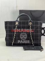 Chanel LARGE SHOPPING BAG Wool Tweed & Gold Tone Metal A66941 Black