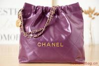 CHANEL 22 HANDBAG Calfskin & gold Tone Metal AS3261 dark Purple