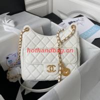 Chanel HOBO HANDBAG Grained Shiny Calfskin & Gold Tone Metal AS3690 WHITE