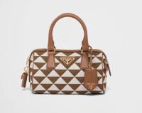 Prada Symbole embroidered jacquard fabric top handle bag 1BB846 white&brown