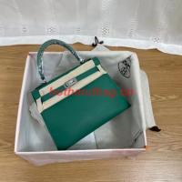 Hermes Kelly 25cm Shoulder Bags Epsom KL2755 Lake green&silver Tone Metal