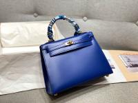 Hermes Kelly 28cm Shoulder Bags Smooth Box Leather KL28 Blue Gold Tone