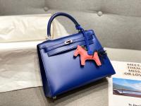 Hermes Kelly 28cm Shoulder Bags Smooth Box Leather KL28 Blue Silver Tone