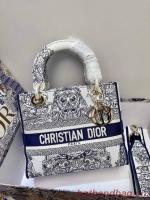 DIOR MEDIUM LADY D LITE BAG Blue Toile de Jouy Reverse Embroidery M0565ORGO