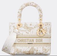 MEDIUM Dior LADY D LITE BAG Gold Tone and White Butterfly Zodiac Embroidery M0565OE