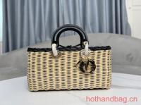 MEDIUM LADY D JOY BAG Natural Wicker and Blue Dior Oblique Jacquard M0540O