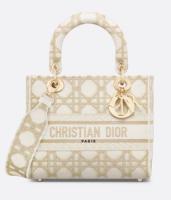Medium Lady D Lite Bag White and Gold Tone Macrocannage Embroidery M0565O
