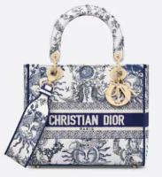 Medium Lady D Lite Bag White and Navy Blue Toile de Jouy Soleil Embroidery M0565O