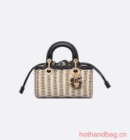 SMALL LADY D JOY BAG Natural Wicker and Blue Dior Oblique Jacquard M0613O