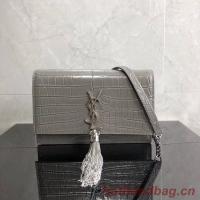 SAINT LAURENT Kate crocodile embossed leather cross body bag 452159 grey